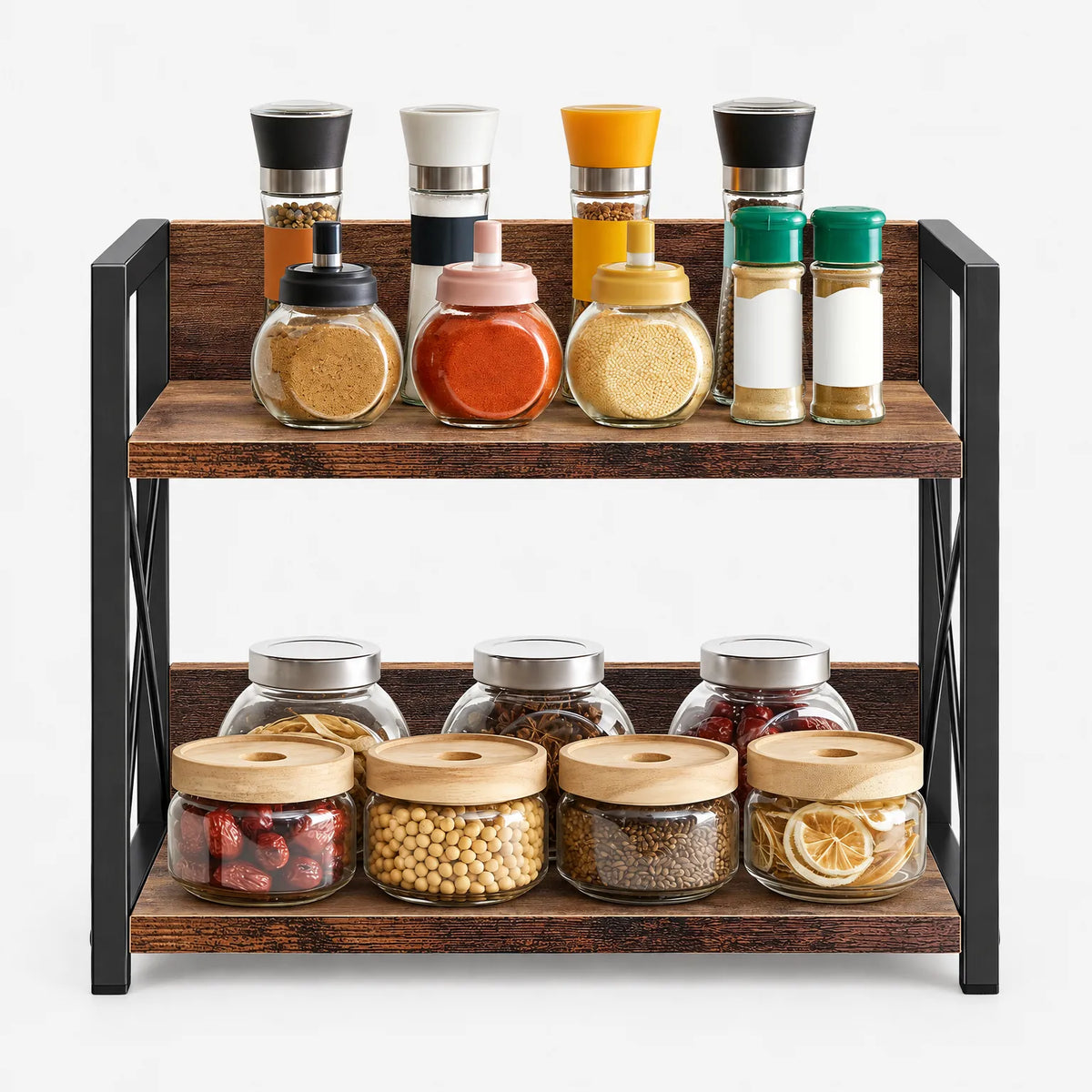 Spice Rack Two Tier Wood and Metal Kitchen Organizer