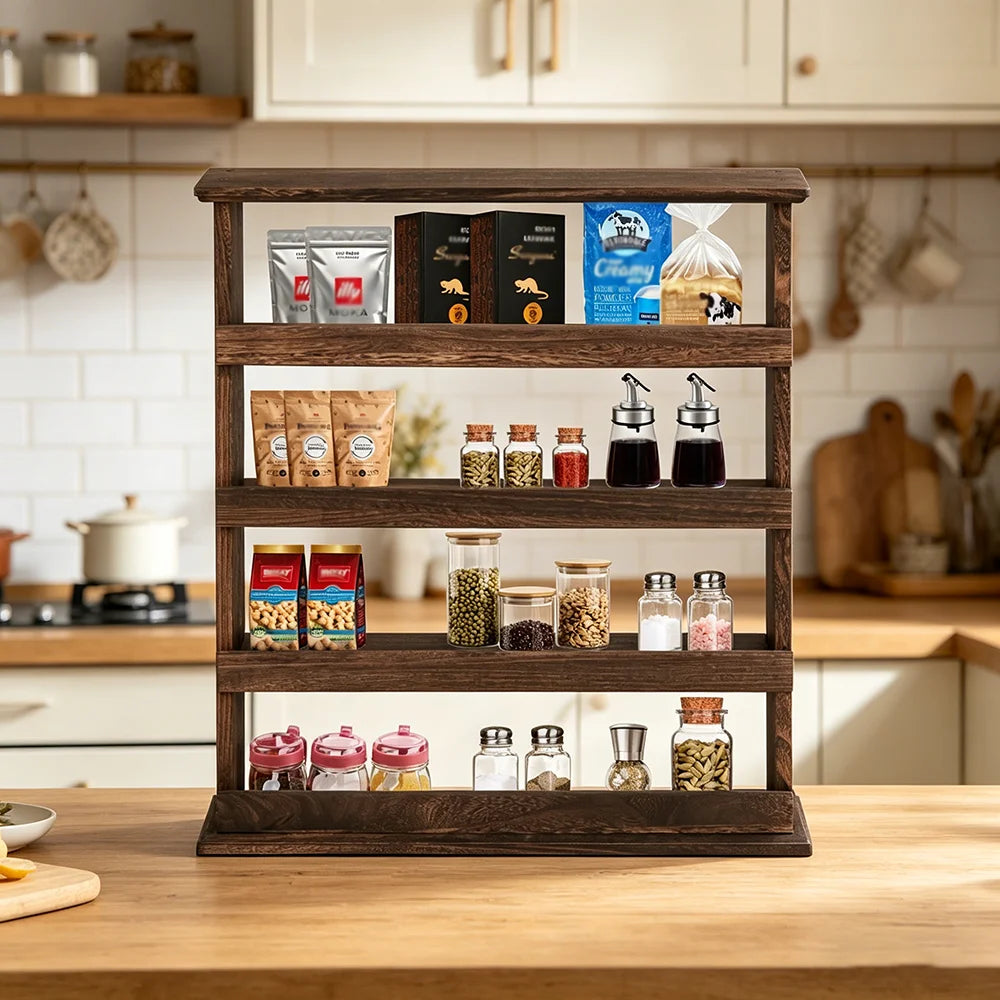 Spice Rack Wall Mounted Four Tier Wooden Organizer