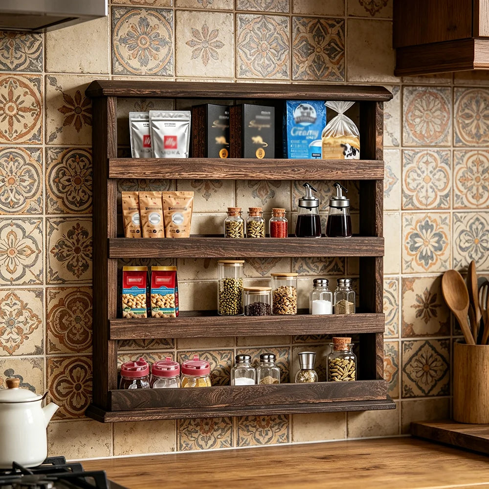 Spice Rack Wall Mounted Four Tier Wooden Organizer