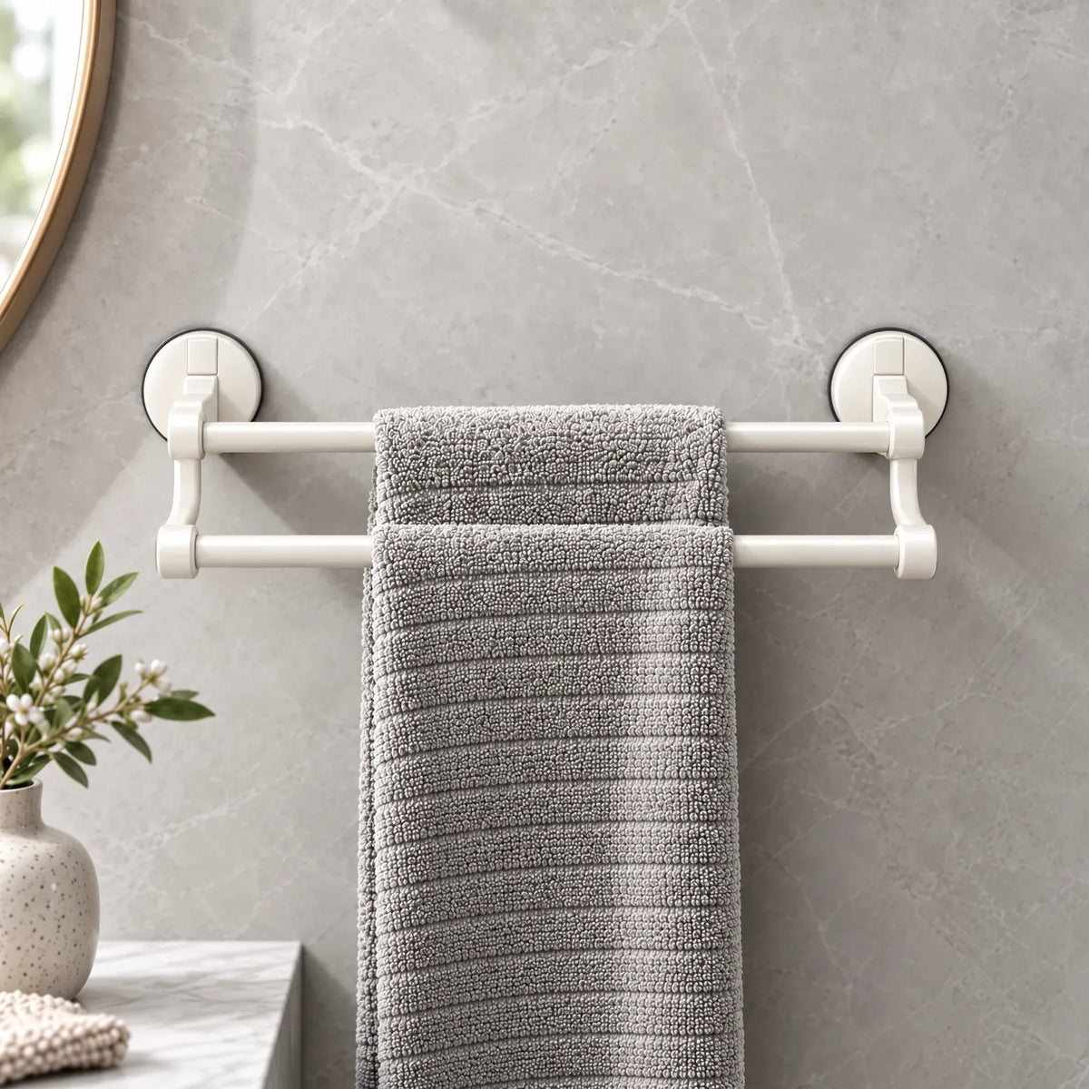 Suction Cup Towel Bar with Double Bar Design and Drill Free Mounting