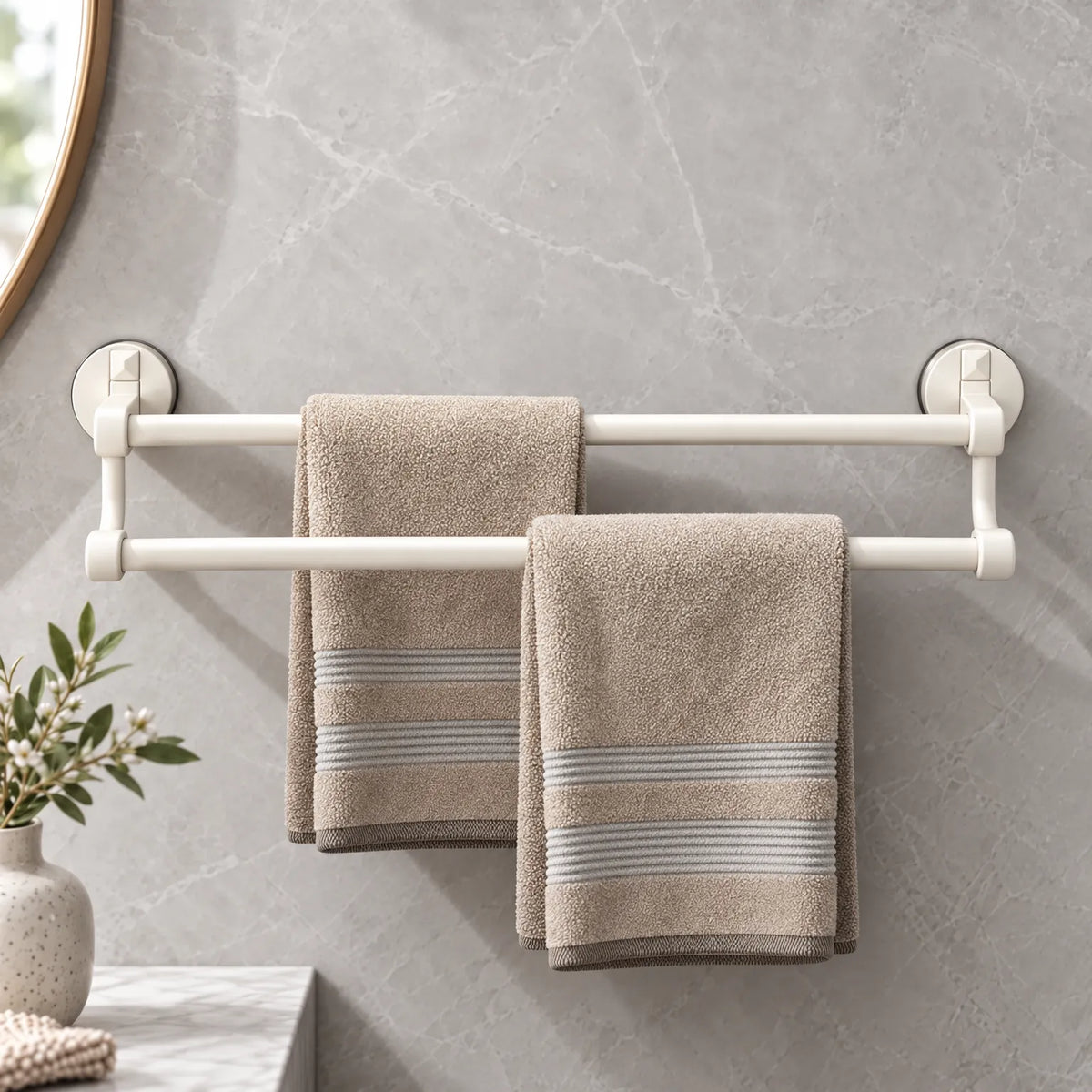 Suction Cup Towel Bar with Double Bar Design and Drill Free Mounting