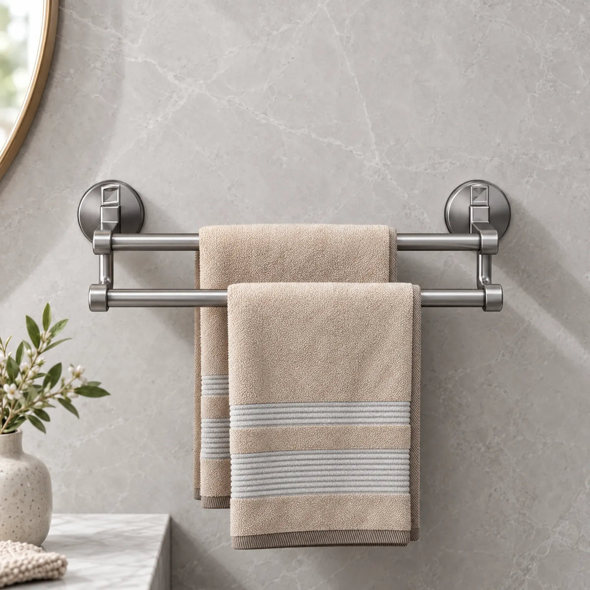 Suction Cup Towel Bar with Double Bar Design and Drill Free Mounting