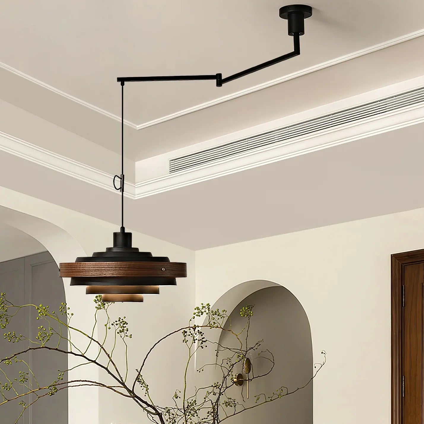 Swing Arm Pendant Light Wood Metal Industrial Design | Zylaris