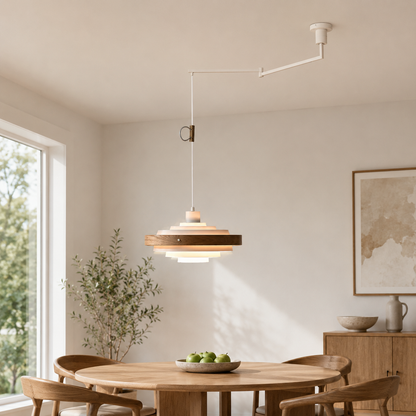 Swing Arm Pendant Light Wood Metal Industrial Design | Zylaris