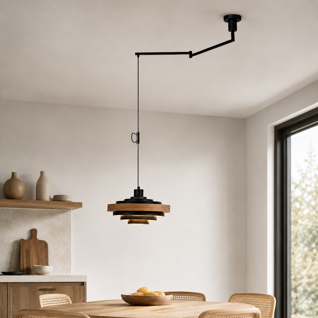 Swing Arm Pendant Light Wood Metal Industrial Design | Zylaris