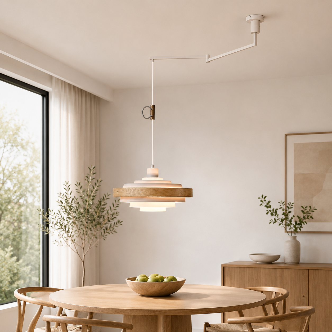 Swing Arm Pendant Light Wood Metal Industrial Design | Zylaris
