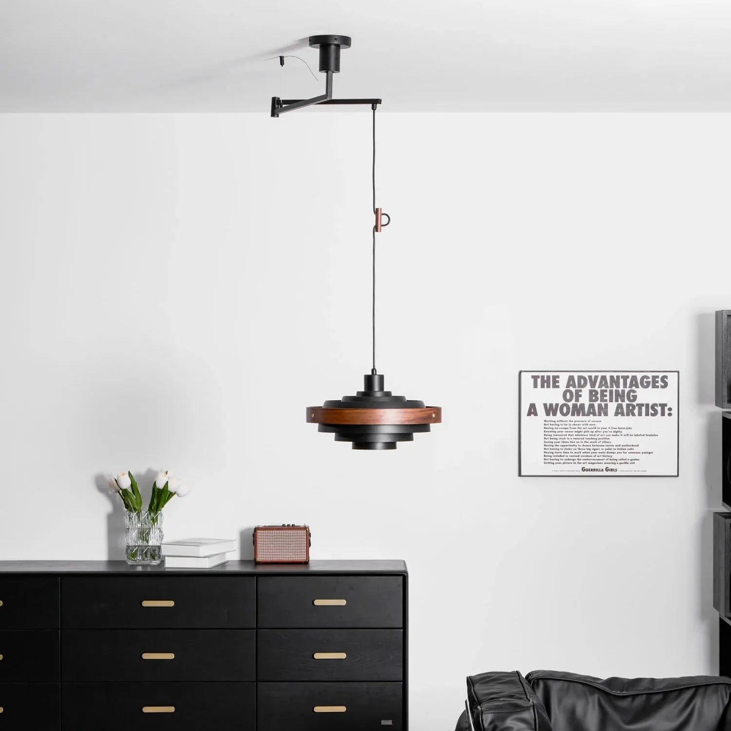 Swing Arm Pendant Light Wood Metal Industrial Design | Zylaris