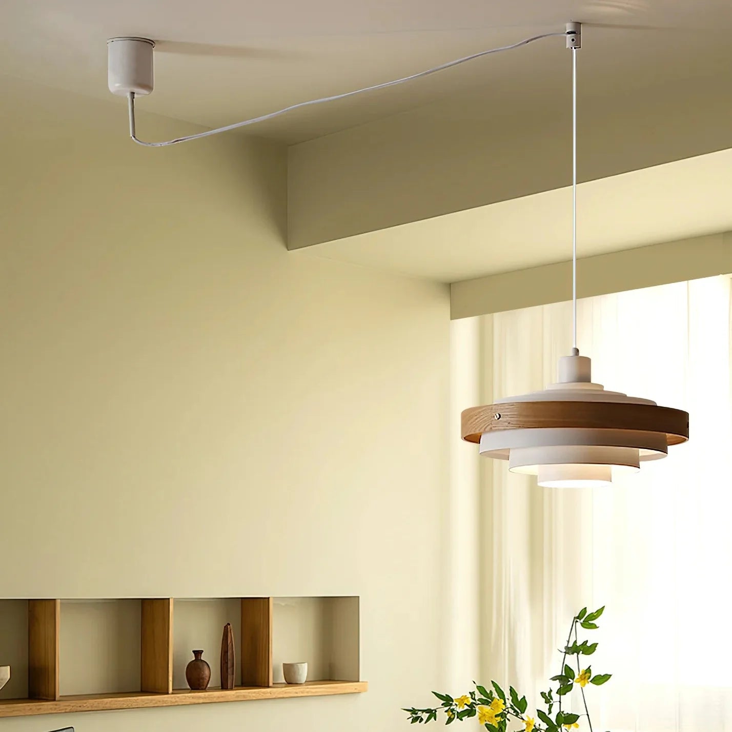 Swing Arm Pendant Light Wood Metal Industrial Design | Zylaris