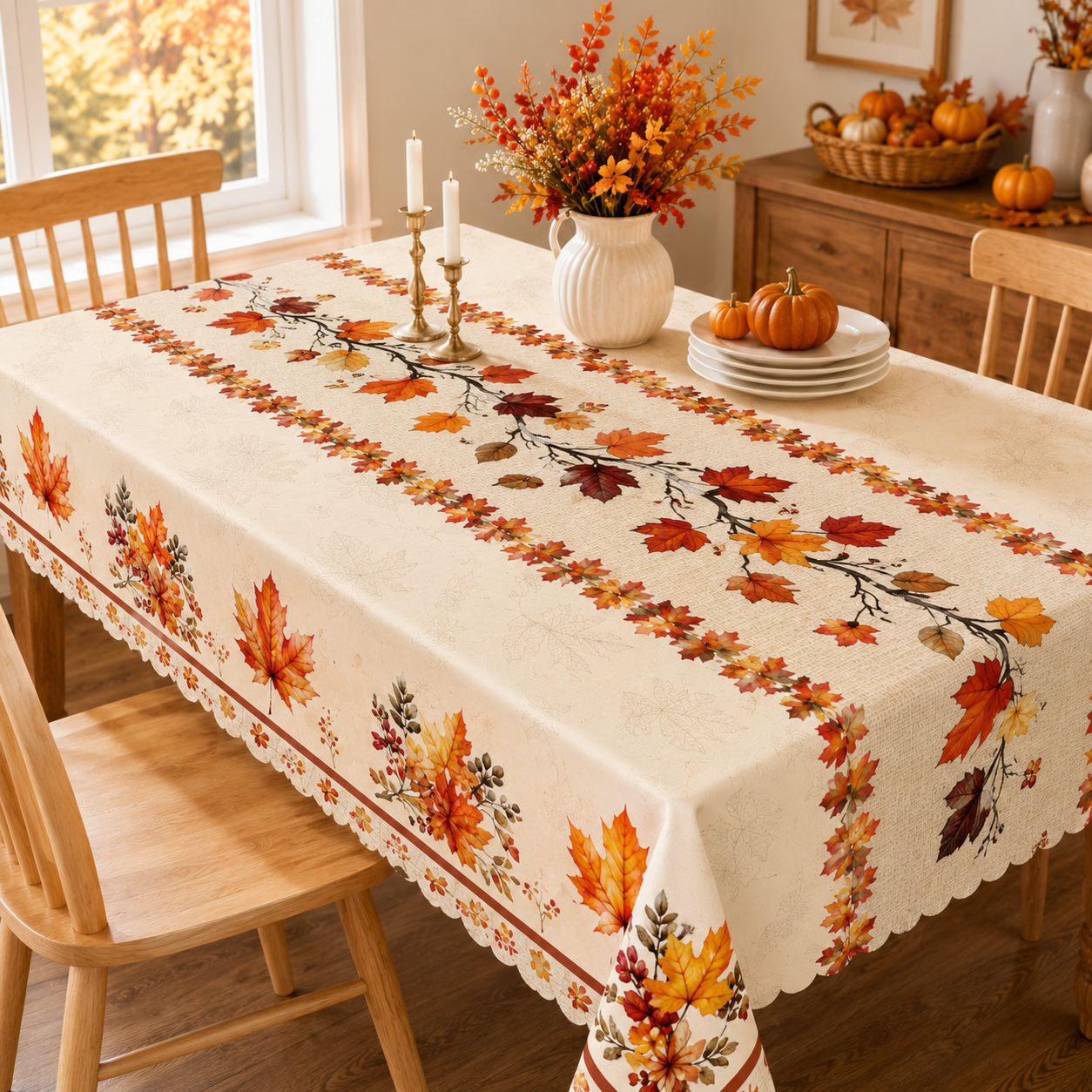 Tablecloth for Fall Thanksgiving with Autumn Leaves and Bird Print