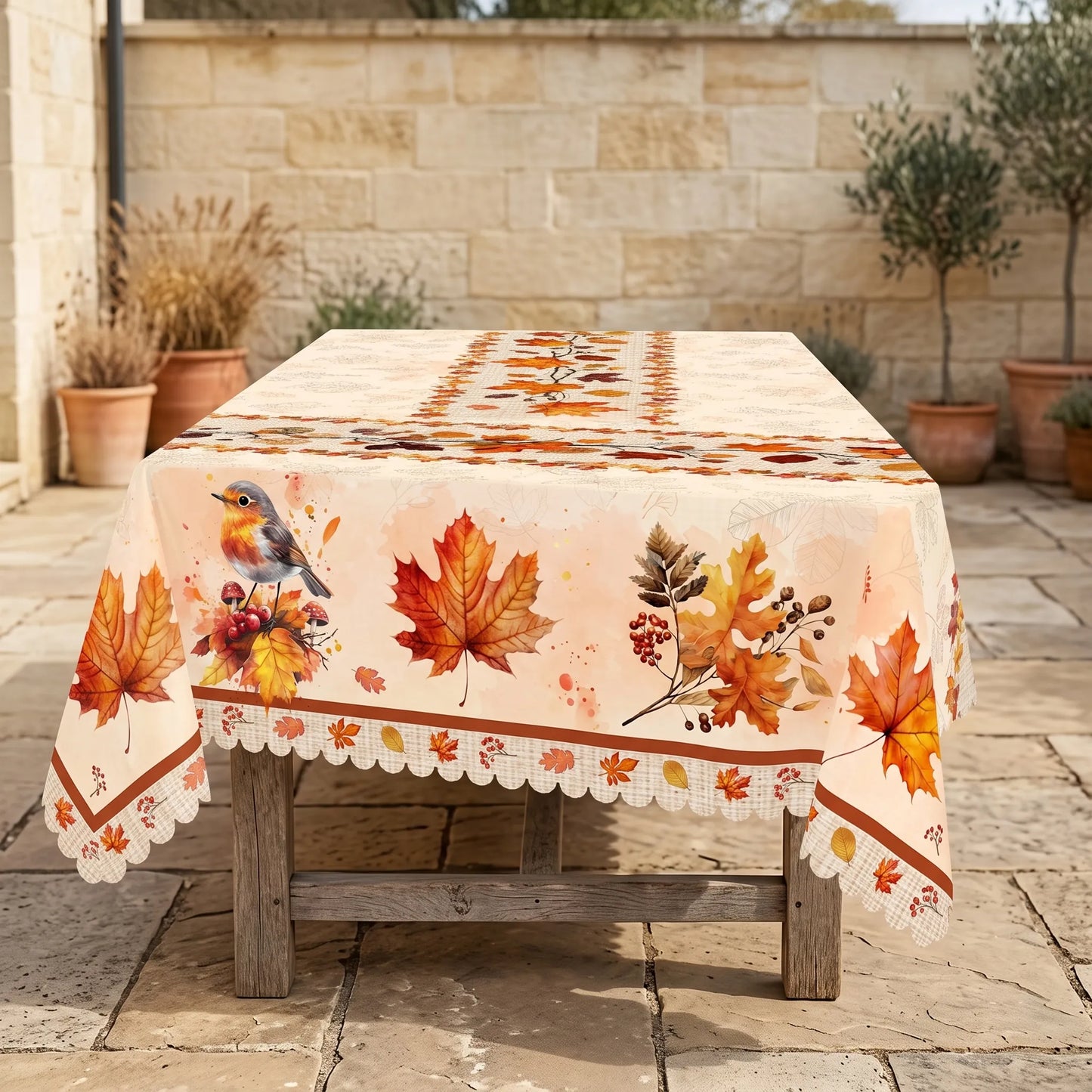 Tablecloth for Fall Thanksgiving with Autumn Leaves and Bird Print