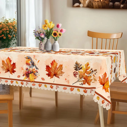 Tablecloth for Fall Thanksgiving with Autumn Leaves and Bird Print