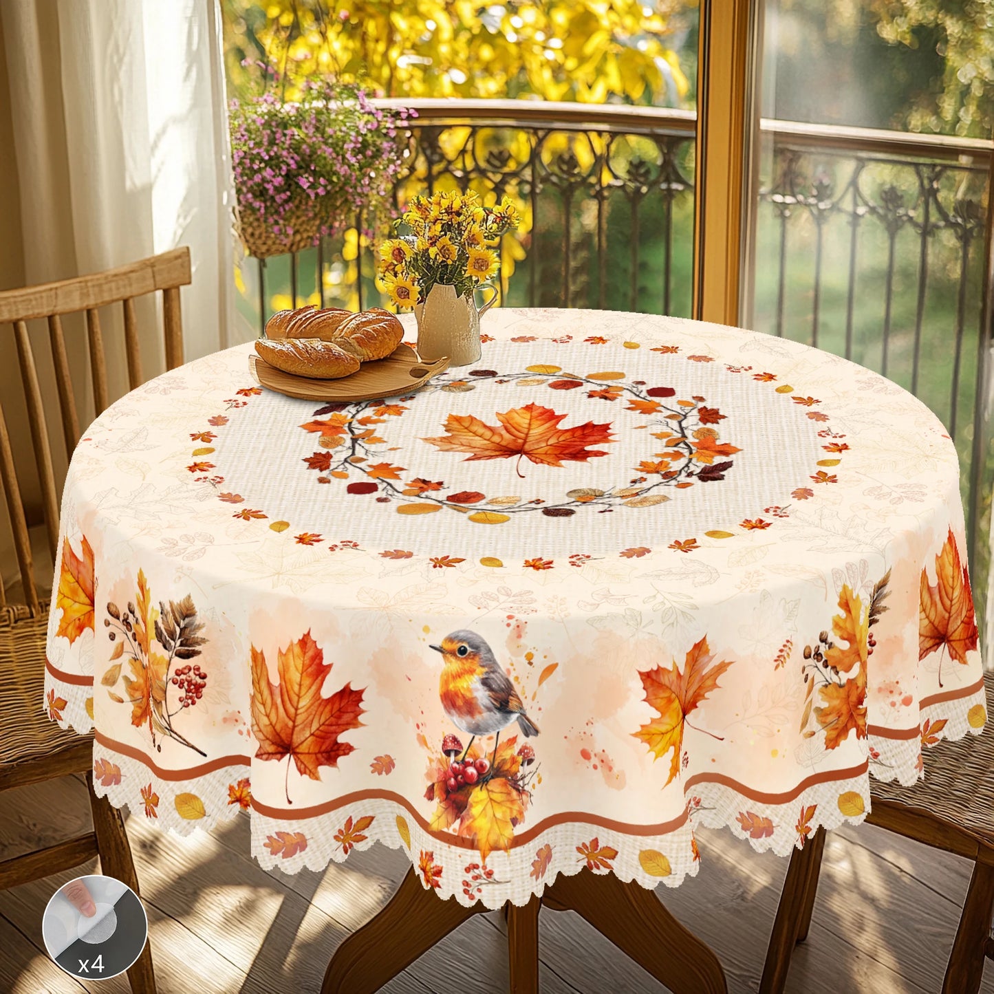 Tablecloth for Fall Thanksgiving with Autumn Leaves and Bird Print