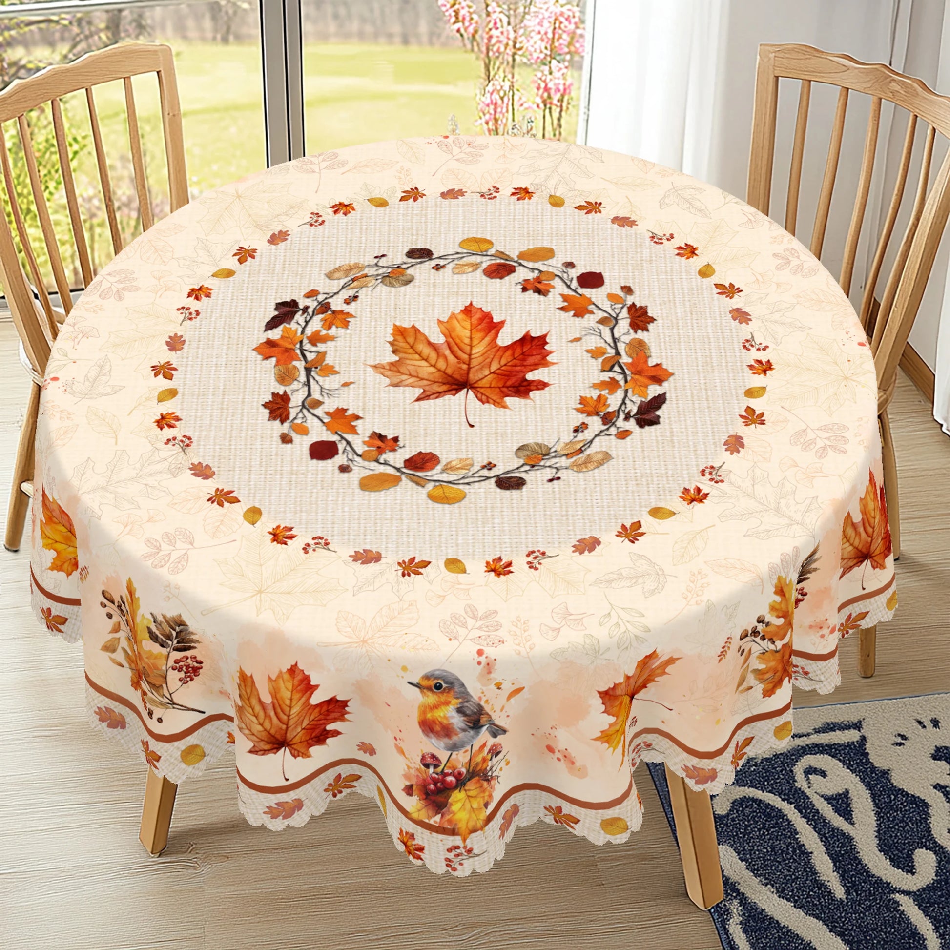 Tablecloth for Fall Thanksgiving with Autumn Leaves and Bird Print