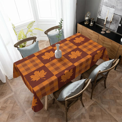 Tablecloth for Fall Thanksgiving with Plaid and Autumn Leaves