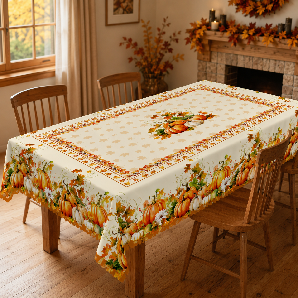 Tablecloth for Fall Thanksgiving with Pumpkin and Autumn Floral Print