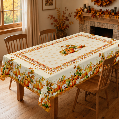 Tablecloth for Fall Thanksgiving with Pumpkin and Autumn Floral Print
