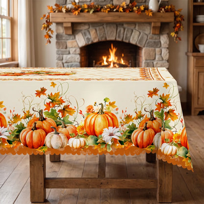 Tablecloth for Fall Thanksgiving with Pumpkin and Autumn Floral Print