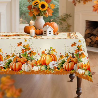 Tablecloth for Fall Thanksgiving with Pumpkin and Autumn Floral Print