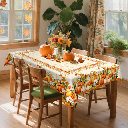 Tablecloth for Fall Thanksgiving with Pumpkin and Autumn Floral Print