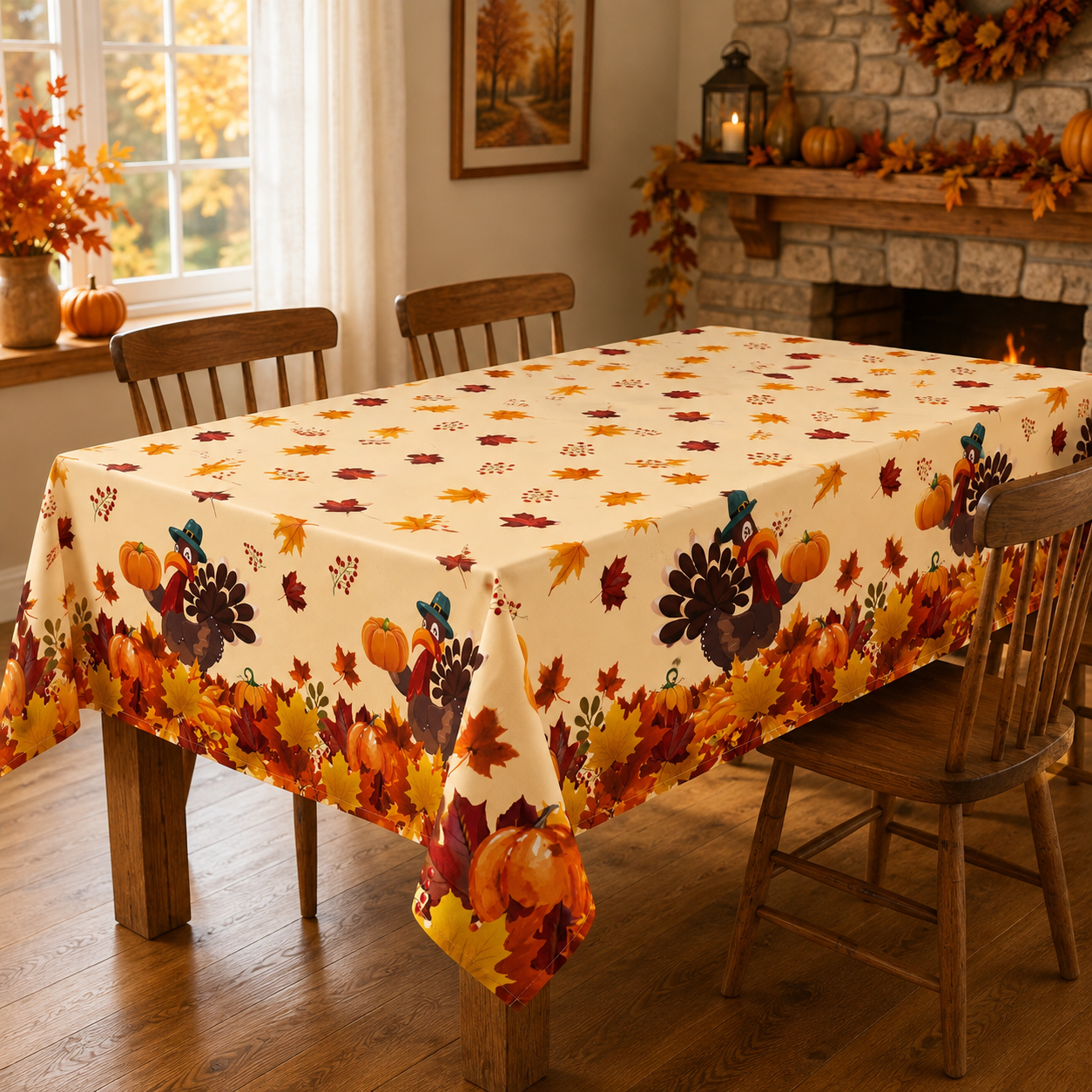 Tablecloth for Fall Thanksgiving with Pumpkin and Autumn Leaves