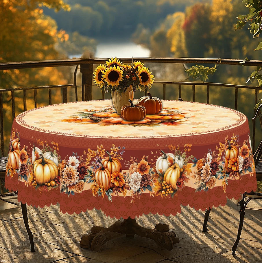Tablecloth for Fall Thanksgiving with Pumpkin and Autumn Leaves
