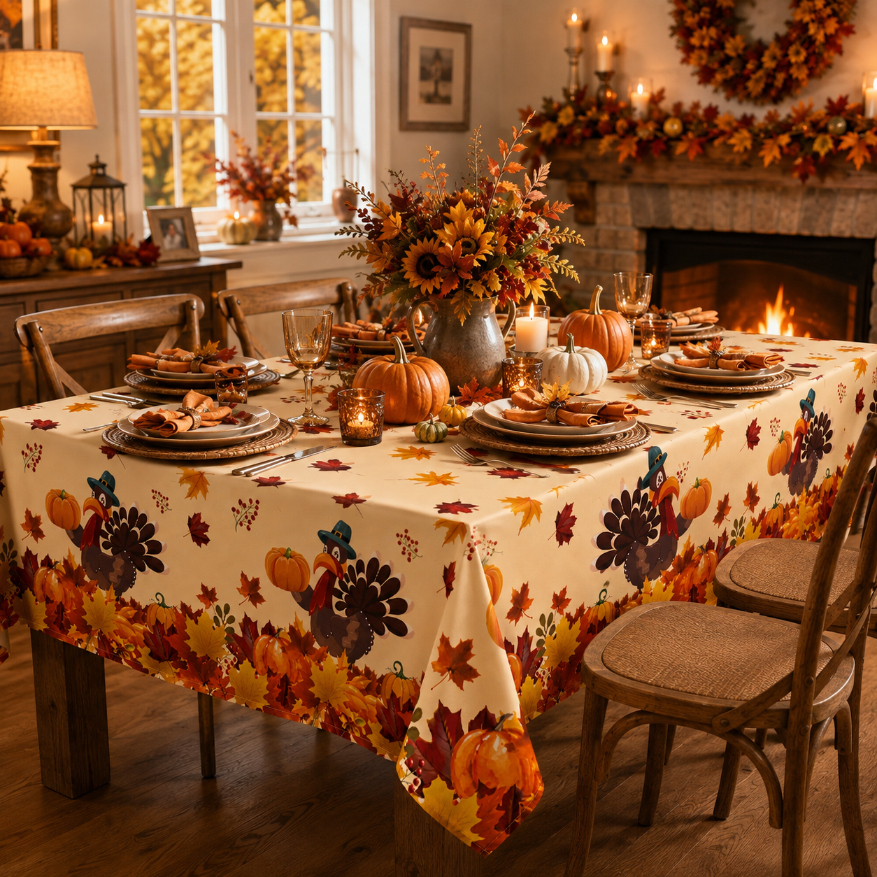Tablecloth for Fall Thanksgiving with Pumpkin and Autumn Leaves