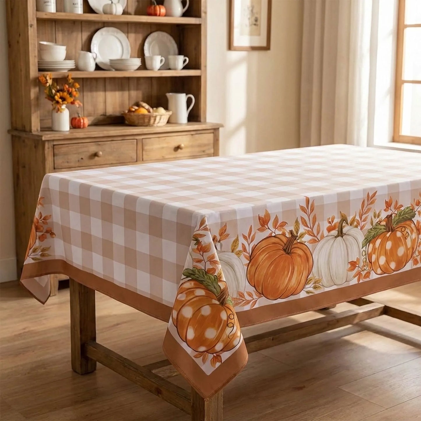 Tablecloth for Fall Thanksgiving with Pumpkin and Buffalo Plaid