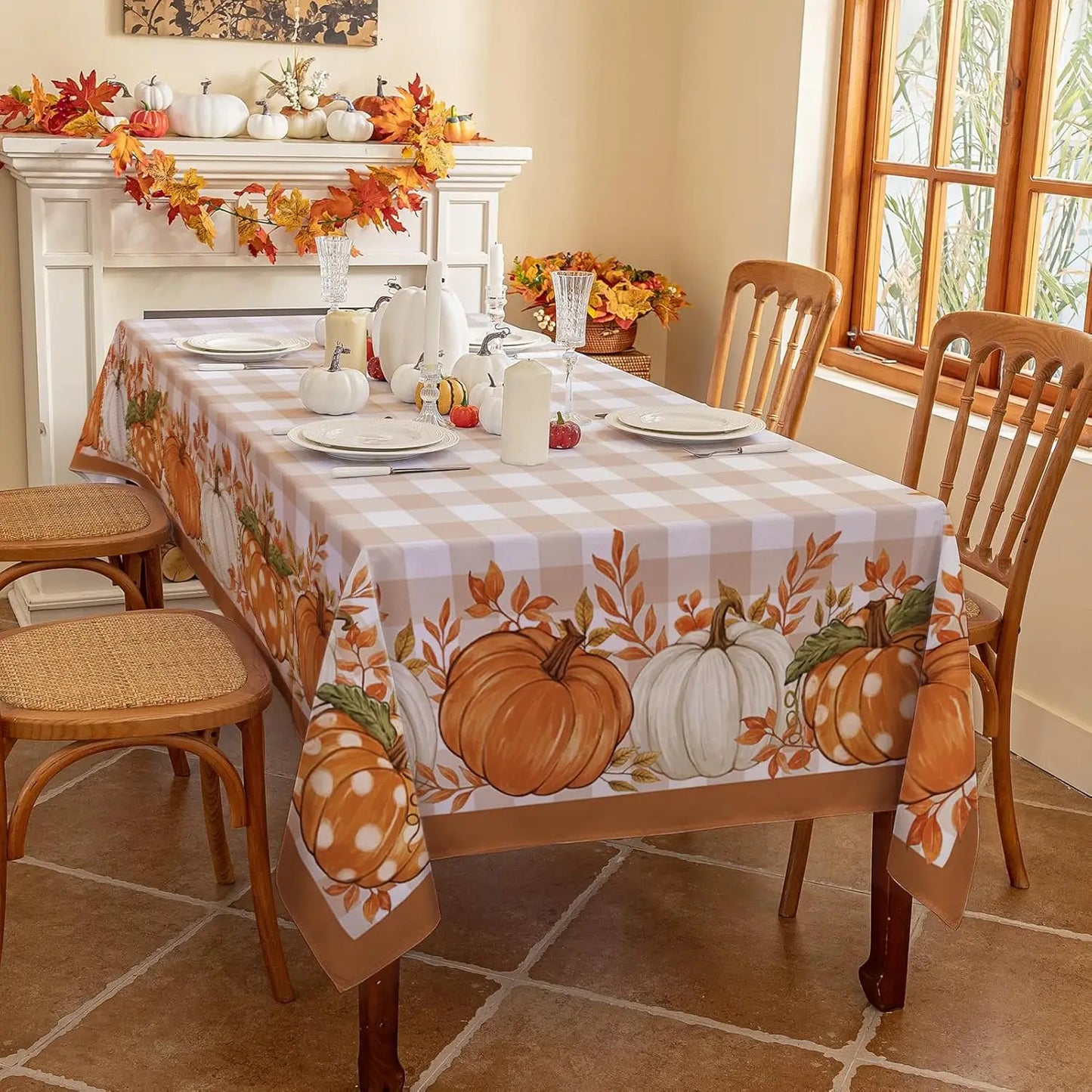 Tablecloth for Fall Thanksgiving with Pumpkin and Buffalo Plaid