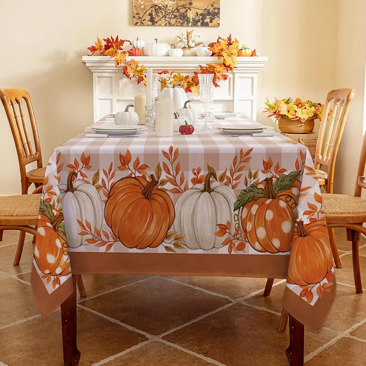 Tablecloth for Fall Thanksgiving with Pumpkin and Buffalo Plaid