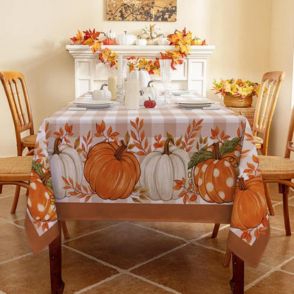 Tablecloth for Fall Thanksgiving with Pumpkin and Buffalo Plaid