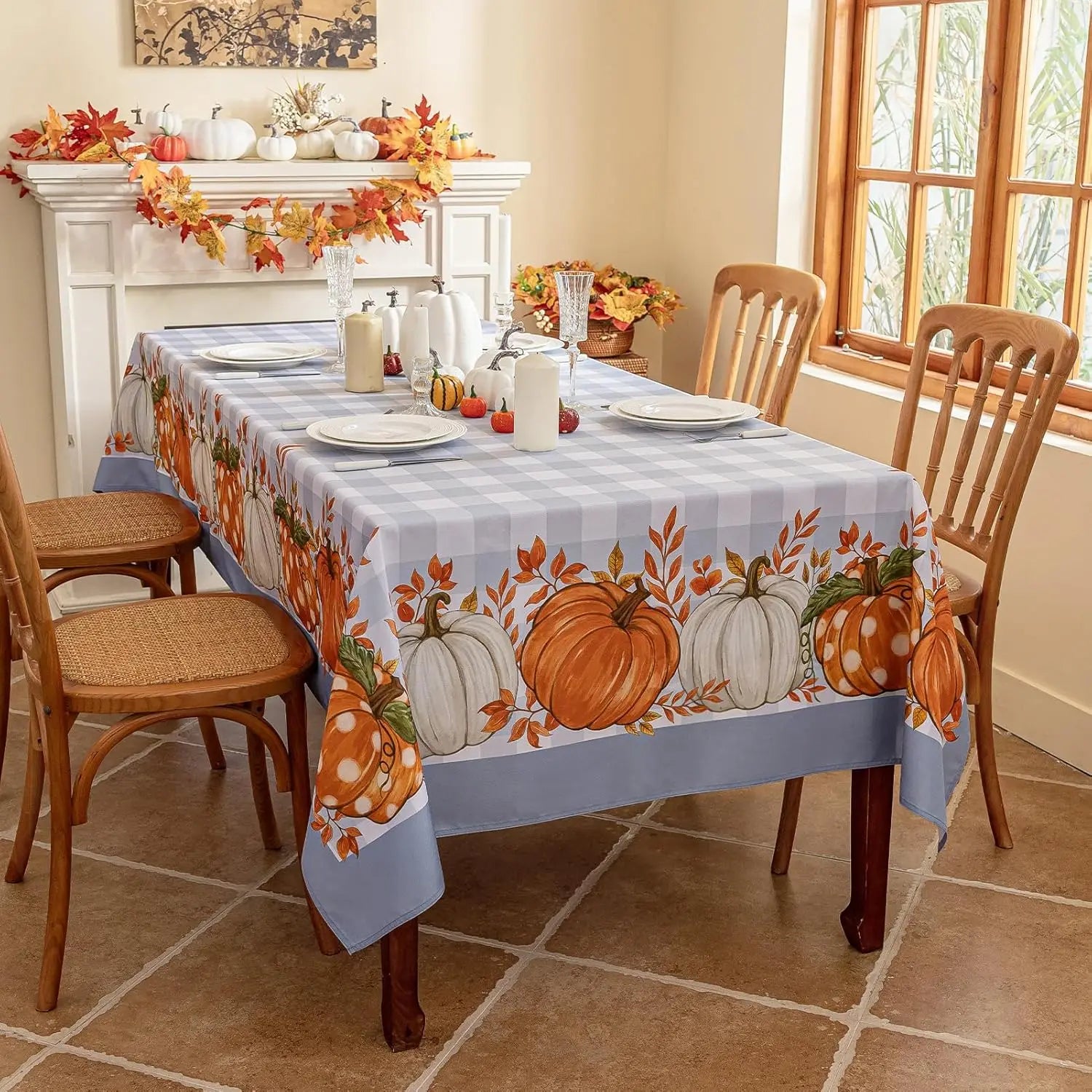Tablecloth for Fall Thanksgiving with Pumpkin and Buffalo Plaid