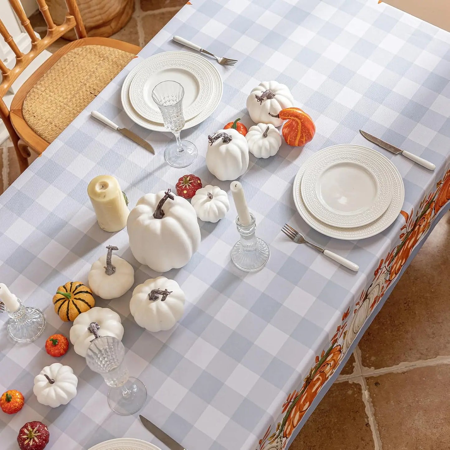 Tablecloth for Fall Thanksgiving with Pumpkin and Buffalo Plaid