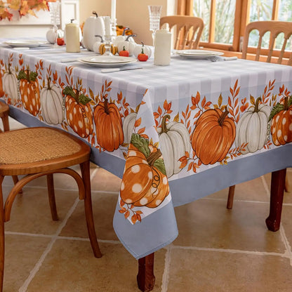 Tablecloth for Fall Thanksgiving with Pumpkin and Buffalo Plaid