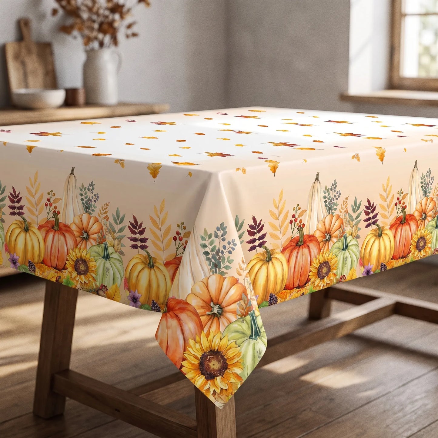 Tablecloth for Fall Thanksgiving with Pumpkin and Sunflower Print
