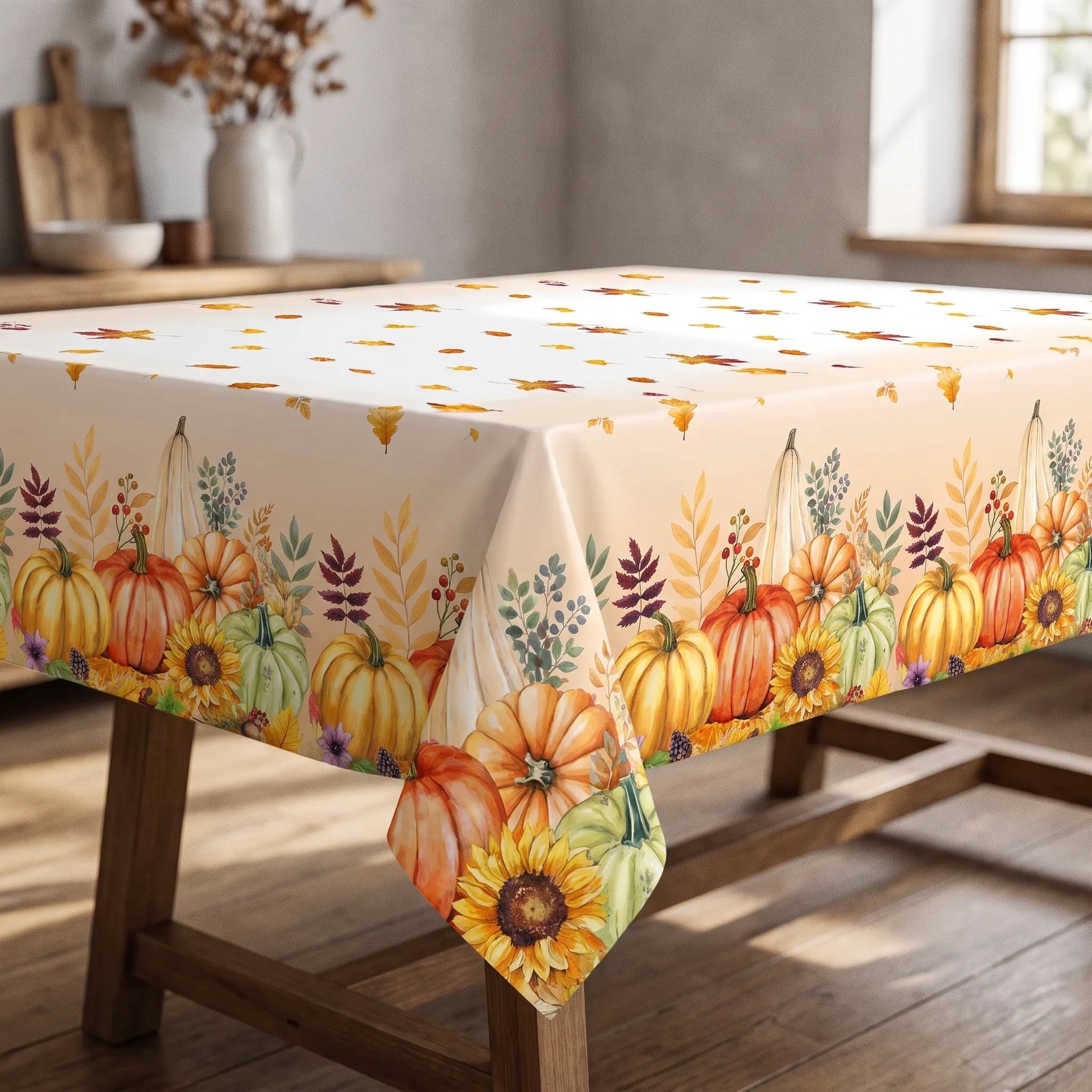 Tablecloth for Fall Thanksgiving with Pumpkin and Sunflower Print
