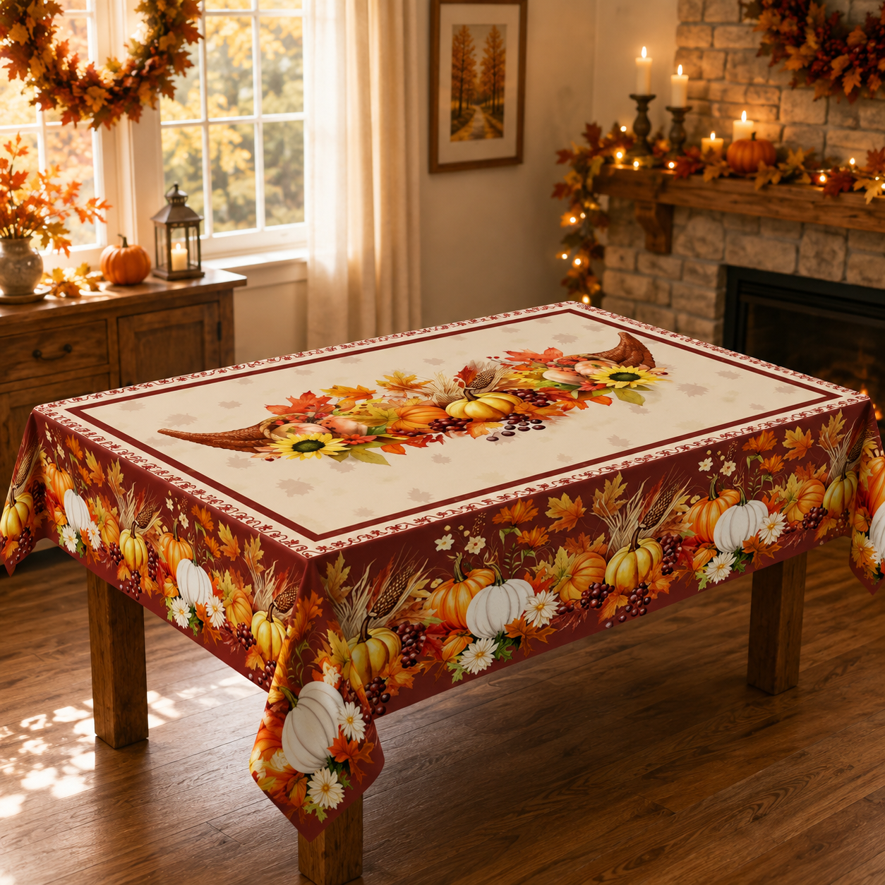 Tablecloth for Fall Thanksgiving with Pumpkin and Sunflower Print