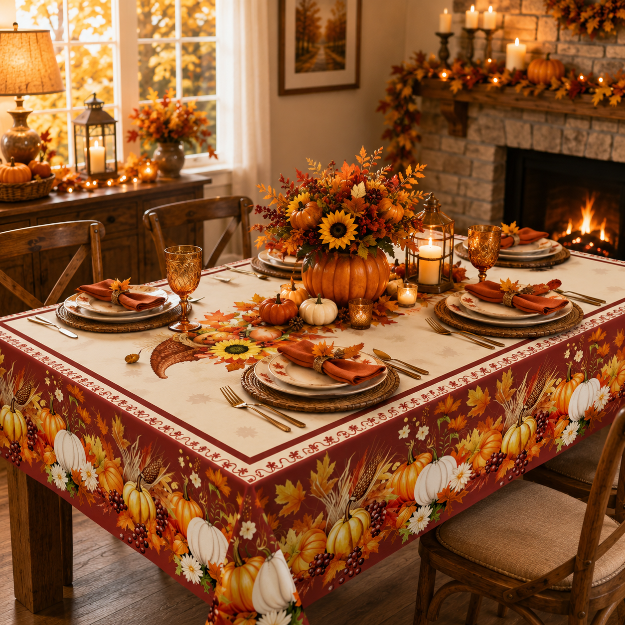 Tablecloth for Fall Thanksgiving with Pumpkin and Sunflower Print