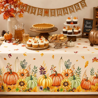 Tablecloth for Fall Thanksgiving with Pumpkin and Sunflower Print