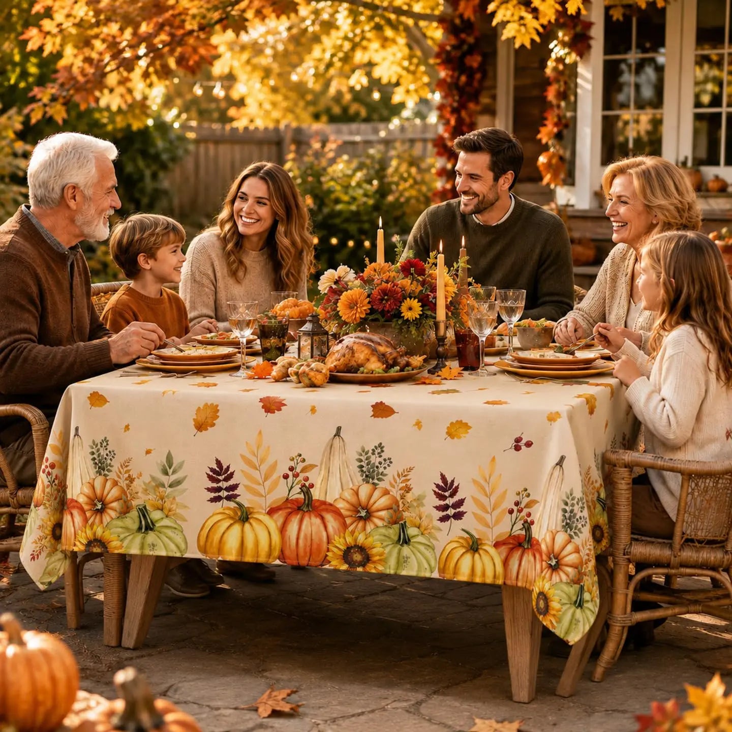 Tablecloth for Fall Thanksgiving with Pumpkin and Sunflower Print