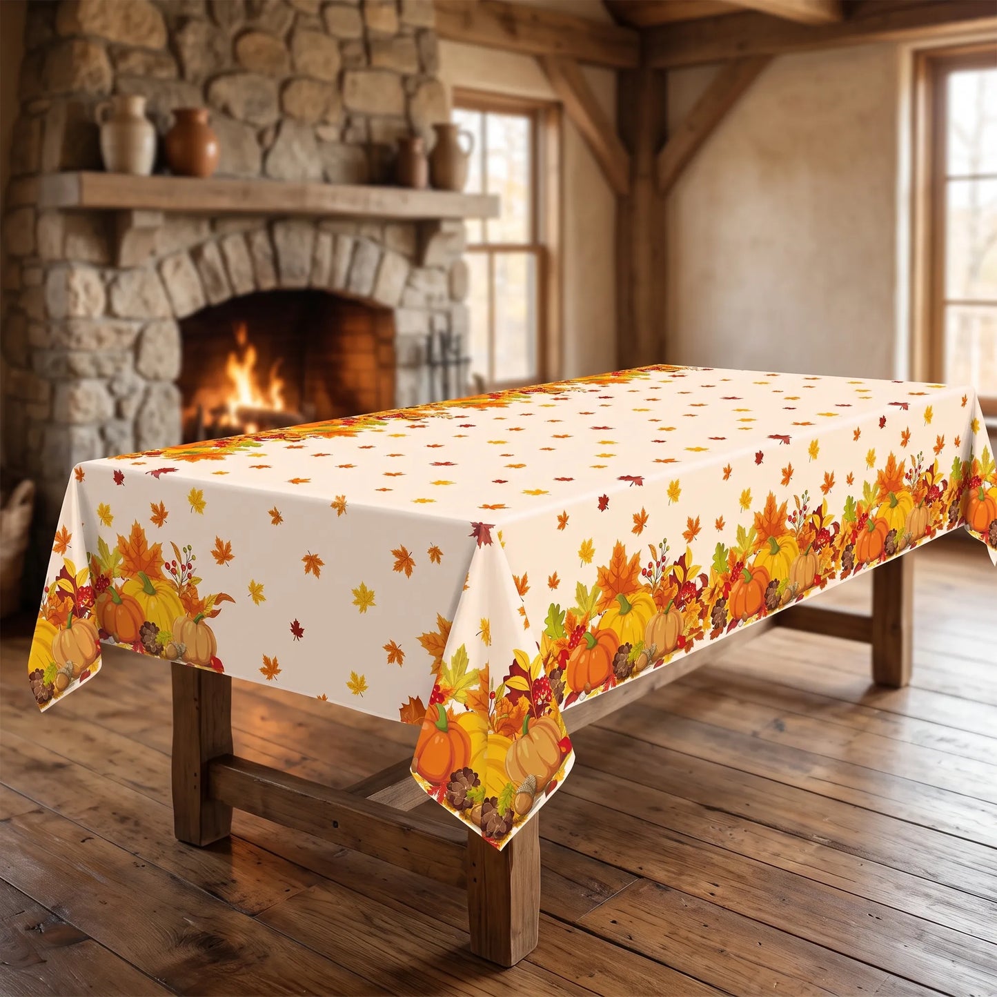 Tablecloth for Fall Thanksgiving with Pumpkins and Autumn Leaves