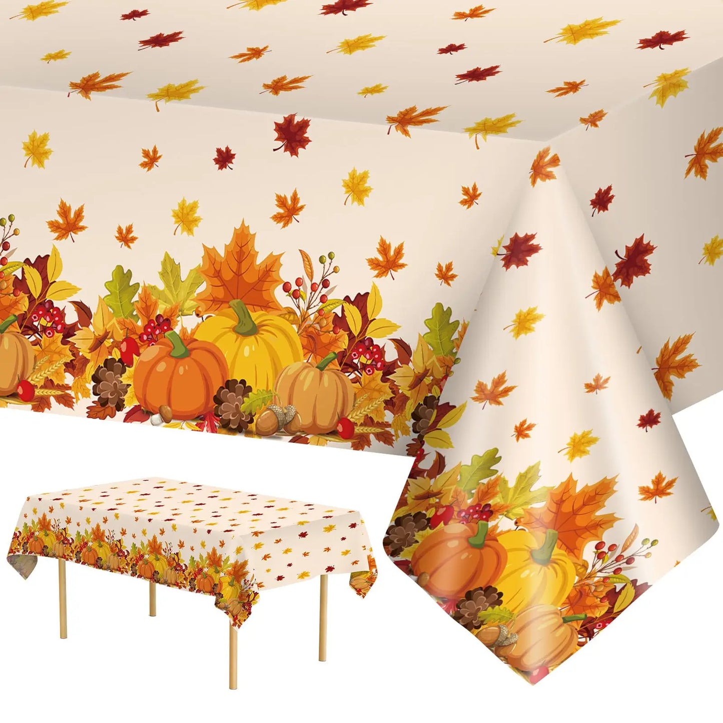 Tablecloth for Fall Thanksgiving with Pumpkins and Autumn Leaves