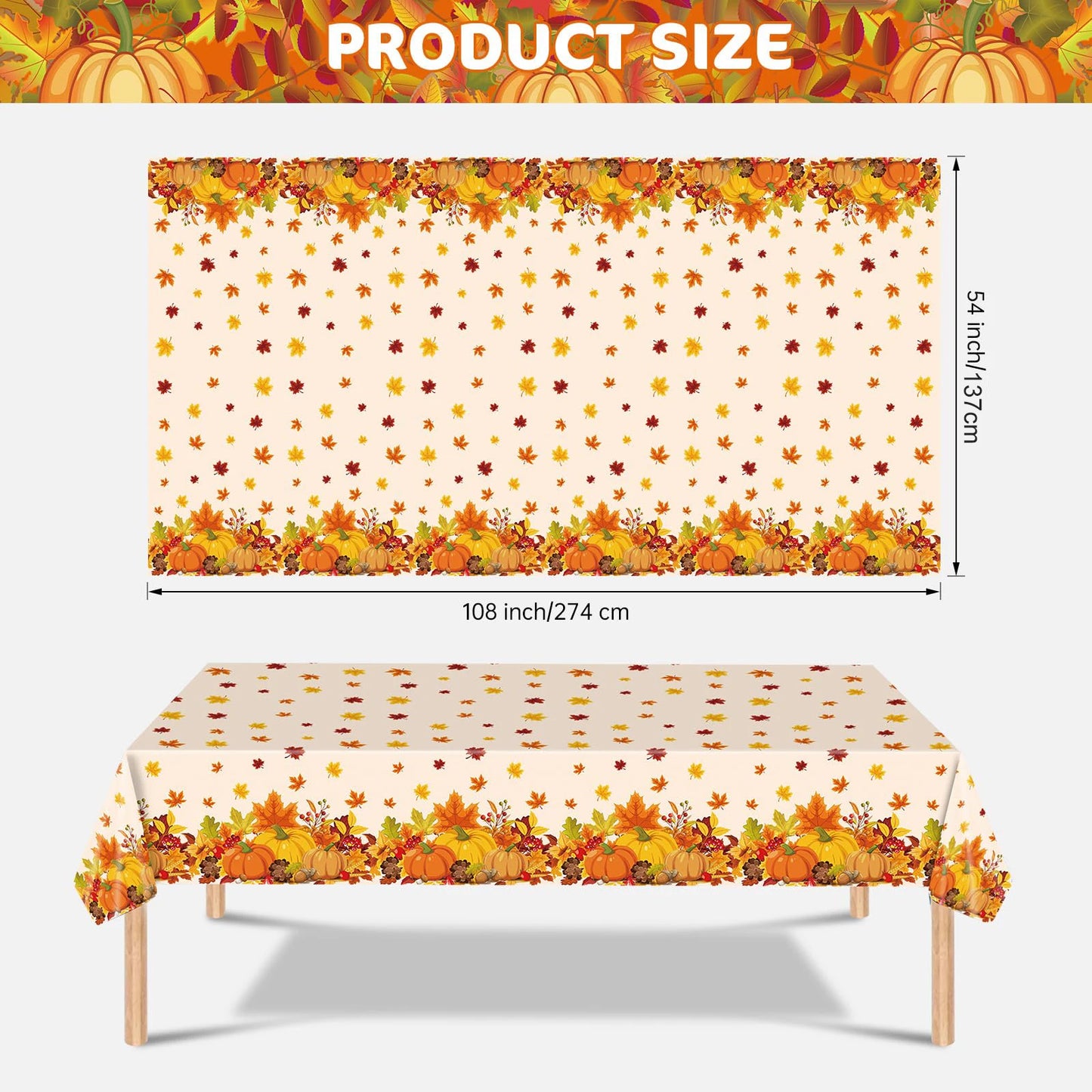 Tablecloth for Fall Thanksgiving with Pumpkins and Autumn Leaves