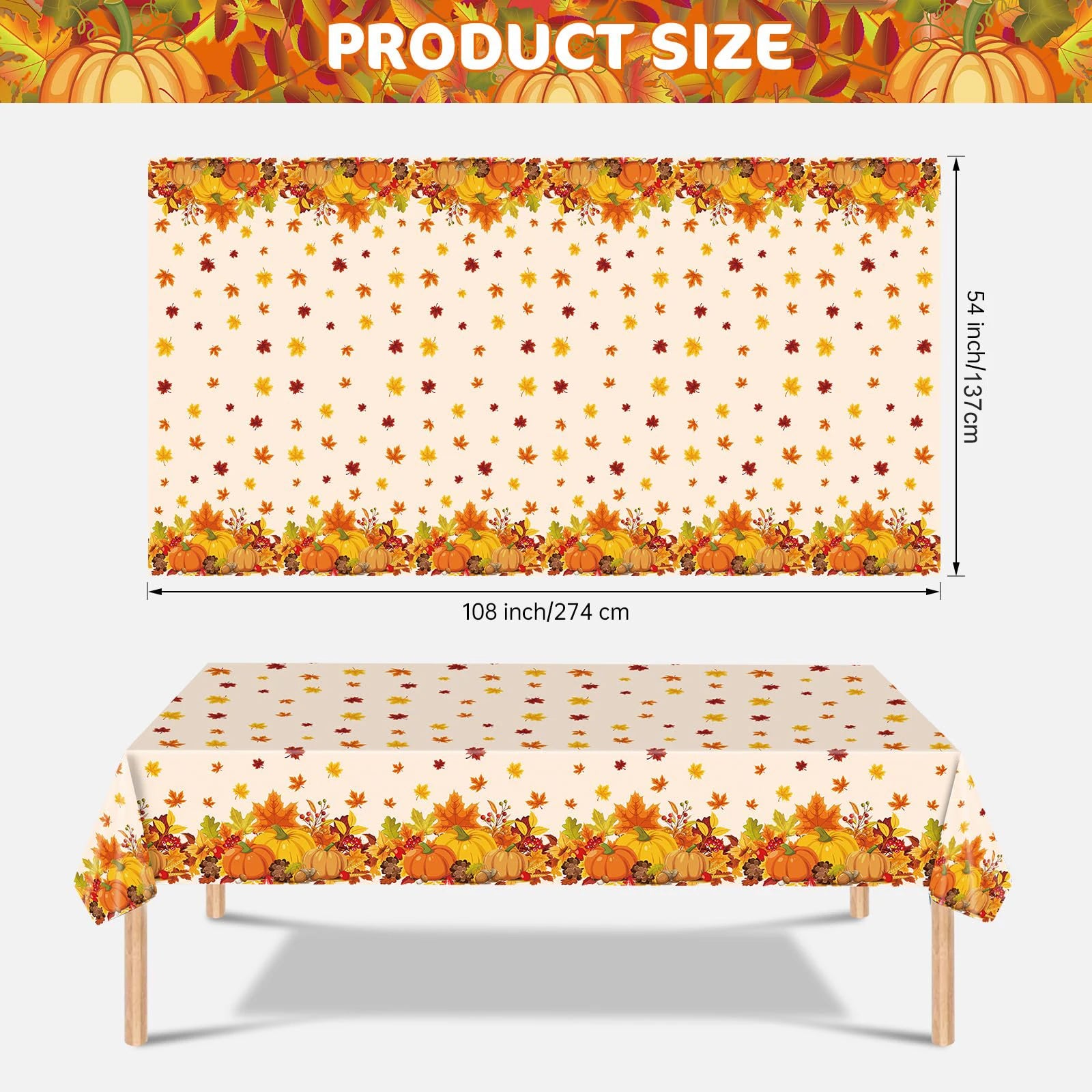 Tablecloth for Fall Thanksgiving with Pumpkins and Autumn Leaves