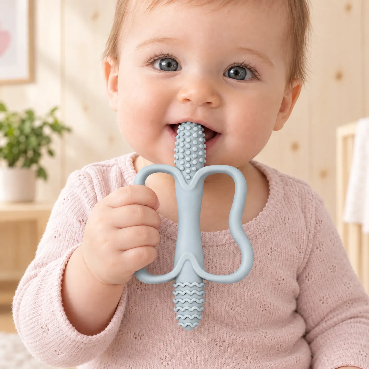 Textured Silicone Baby Teething Toy with Ring Handle for Kids