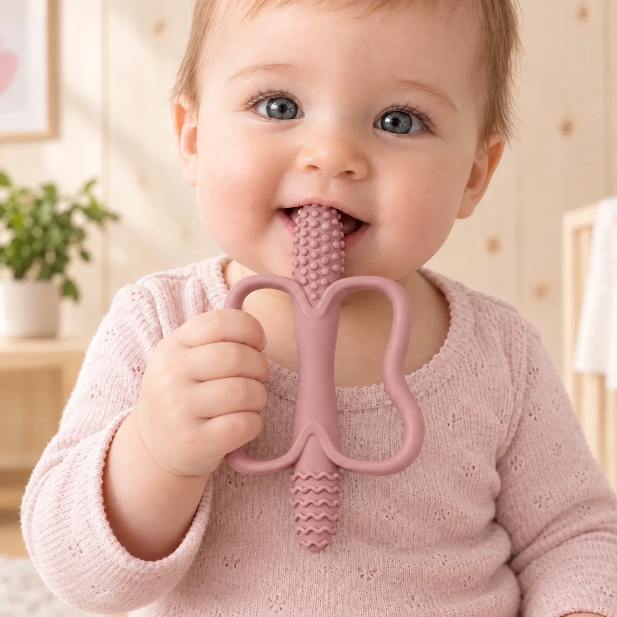 Textured Silicone Baby Teething Toy with Ring Handle for Kids