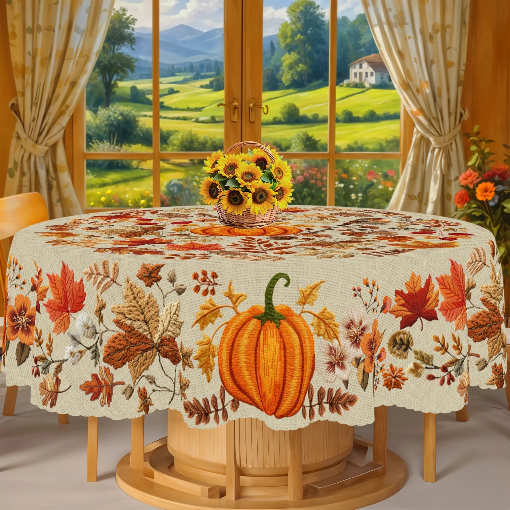 Thanksgiving Pumpkin Tablecloth with Fall Leaves