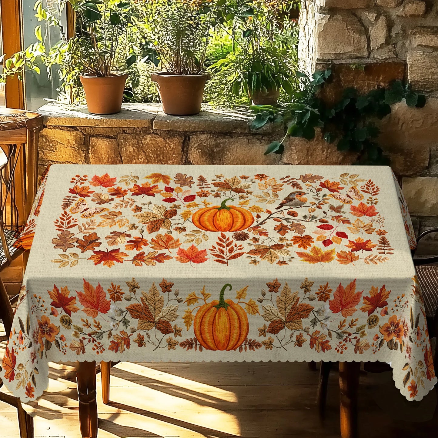 Thanksgiving Pumpkin Tablecloth with Fall Leaves