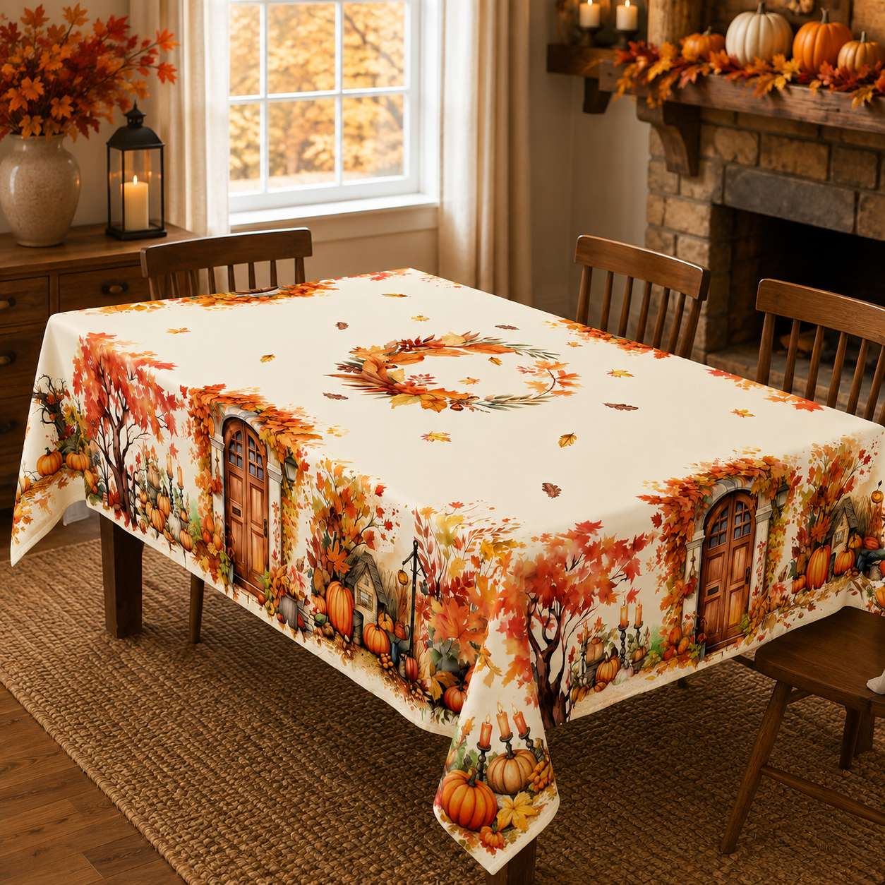 Thanksgiving Tablecloth with Fall Pumpkin and Autumn Print