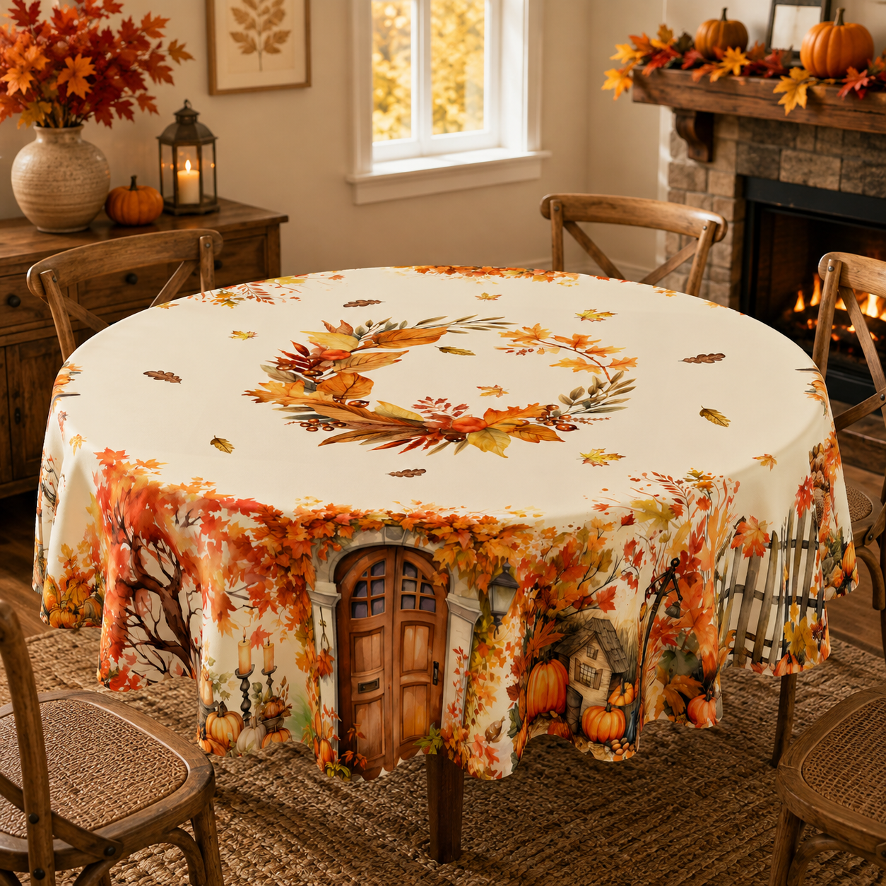 Thanksgiving Tablecloth with Fall Pumpkin and Autumn Print
