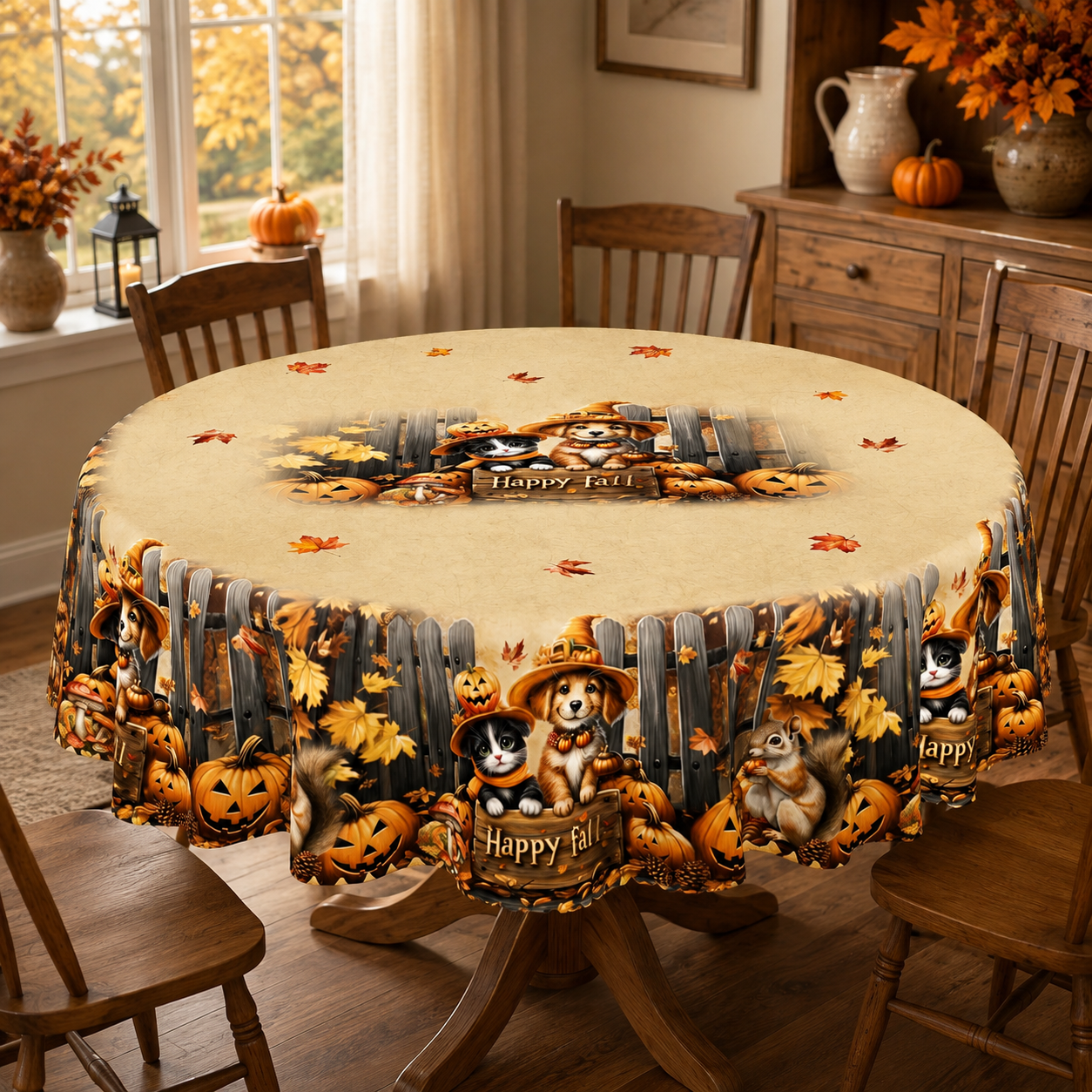 Thanksgiving Tablecloth with Fall Pumpkins and Autumn Leaves